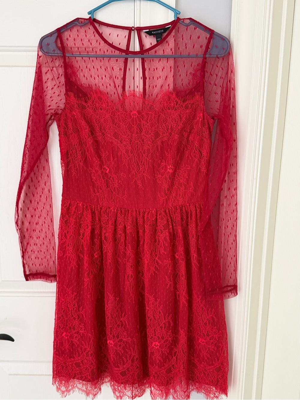 Express Red Sheer Dot Lace Top